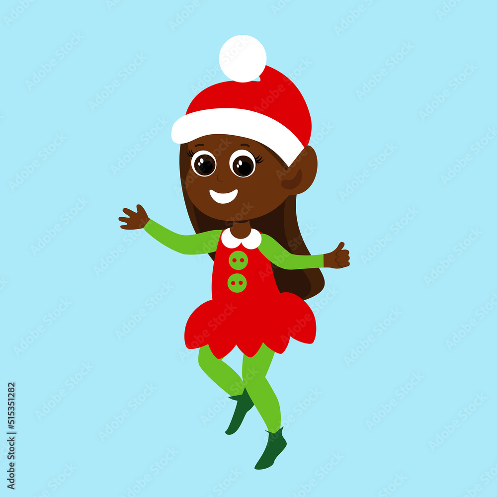 The elf girl jumps cheerfully and joyfully. Santa's helper is dressed in a traditional green and red costume. Christmas vector cute character. The elf girl jumps cheerfully and joyfully. Santa's helper is dressed in a traditional green and red costume. Christmas vector cute character.