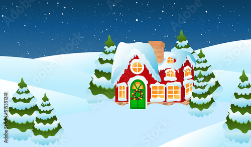 House on a snow-covered valley in the village. Housing Santa Claus in the snow near the Christmas trees. It's snowing in the background. Family evening festive landscape.