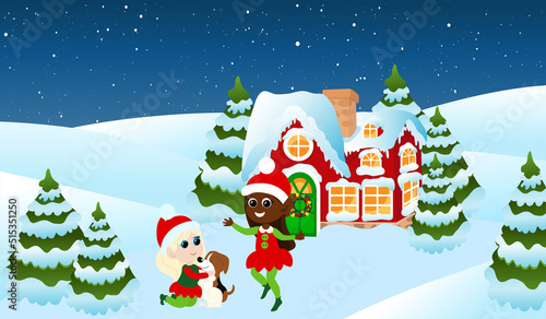 Elf children in traditional costumes play with a dog. In the background is the house of Santa Claus near the fir trees. Snowy winter Christmas landscape.