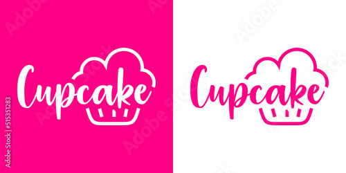 Banner con texto manuscrito Cupcake. Logotipo de pastelería. Vector con silueta de magdalena con líneas. Fondo rosa y fondo blanco