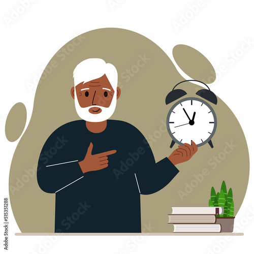 Modern concept of time management illustration. A smiling grandfather holds an alarm clock in his hand and the second points to it.
