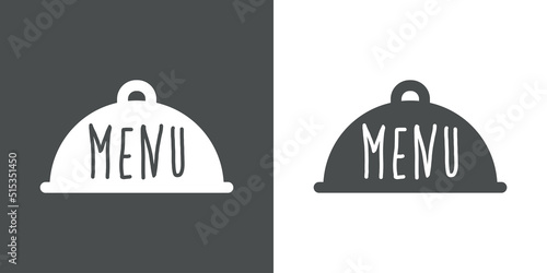 Banner con texto manuscrito MENU. Logo de restaurante. Vector con silueta de bandeja de comida con tapadera. Fondo gris y fondo blanco