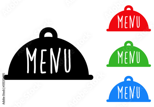 Banner con texto manuscrito MENU. Logo de restaurante. Vector con silueta de bandeja de comida con tapadera. Varios colores