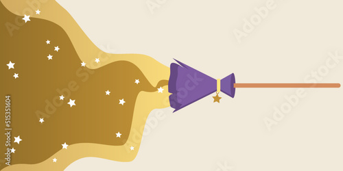 Purple broom witch magic flying with golden smoke and white stars banner flat vector design.