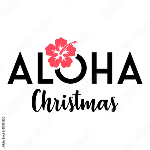Banner con texto manuscrito Aloha Christmas con silueta de flor de hibisco. Logo Feliz Navidad en hawaii. Vector en color negro y rosa