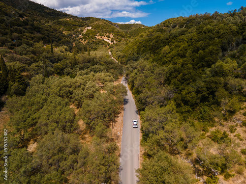 aerial view of car moving by road at Lefkada island