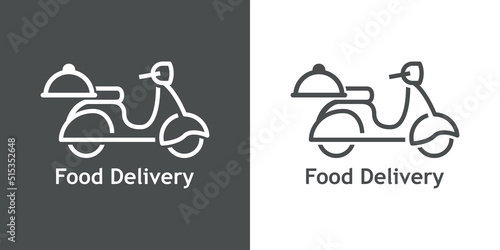 Logo reparto de comida a domicilio. Vector con silueta de scooter con bandeja de comida con tapadera y texto Food Delivery con líneas. Fondo gris y fondo blanco