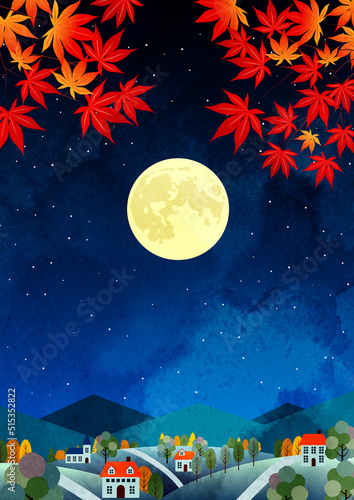 水彩風十五夜お月見な秋の里山背景タテ