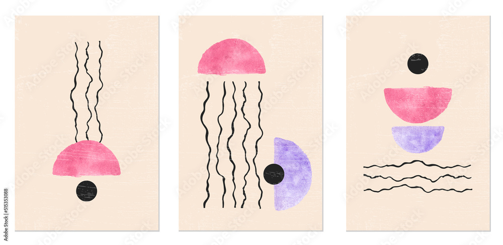 Set of abstract mid-century modern posters with geometric shapes. Design for wallpaper, background, wall decor, cover, print, card, branding. Modern minimalist art in boho style.