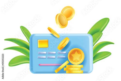 3D bonus card vector concept, loyalty program golden coin, earn reward point, discount voucher. Redeem cash back money gift, online purchase special benefit, cashless payment. Bonus card illustration