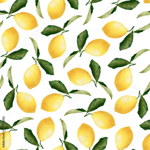 Watercolor seamless pattern with lemons, green leaves isolated on white background. Citrus fruit. Hand-drawn summer food backdrop for fabric, clothing, wrapping paper, decor