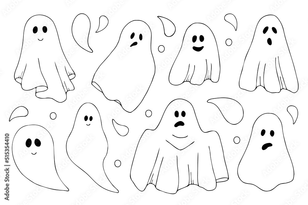 A set of Halloween Ghost Doodle. Collection Of Ghosts, White Background. Vector Illustration, cute ghosts with emotions A set of Halloween Ghost Doodle. Collection Of Ghosts, White Background. Vector Illustration, cute ghosts with emotions