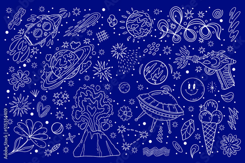 Large vector set of retro psychedelic space. Illustrations are hand-drawn, doodle style