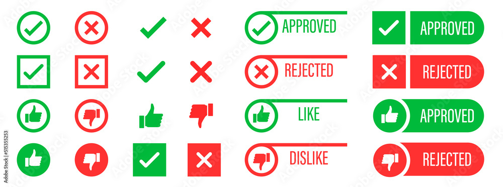 Set of check mark icons. Approved and rejected emblems.