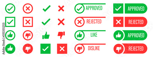 Set of check mark icons. Approved and rejected emblems.