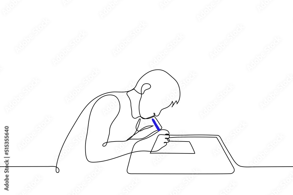 man bent over the table with a sheet of paper with pen in his hand - one line drawing vector. concept of poor eyesight (myopia), slouch over letter, sign documents or student taking a test man bent over the table with a sheet of paper with pen in his hand - one line drawing vector. concept of poor eyesight (myopia), slouch over letter, sign documents or student taking a test
