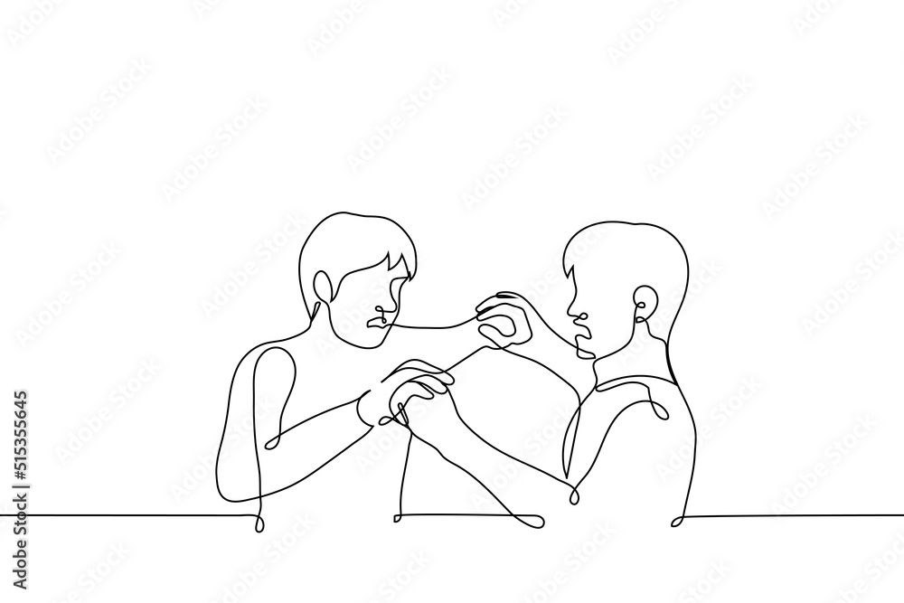 two men fight physically - one line drawing vector. concept of collision, fight, push or crush each other