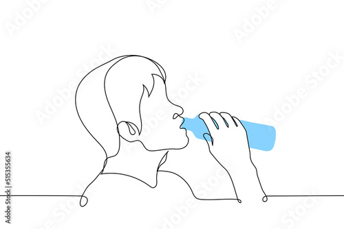 man drinking water from a bottle - one line drawing vector. concept male profile portrait of a thirst quencher drinker from a plastic bottle