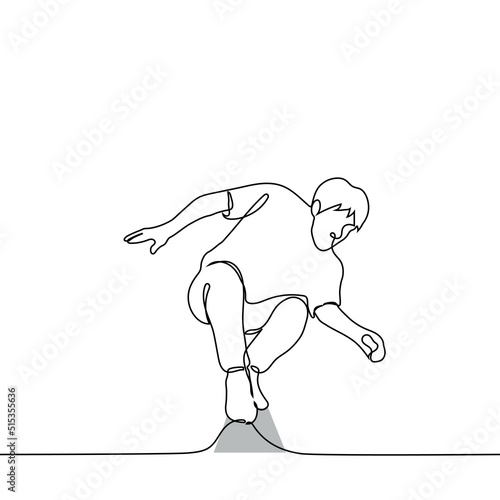 man squatted down balancing on toes - one line drawing vector. concept of difficult path, danger of parkour, metaphor for balancing between circumstances and phenomena of life
