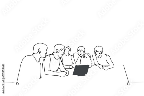 group of people sit at a table and look at a tablet - one line drawing vector. concept presentation in front of the board of directors or employees; watching movie with a group of friends