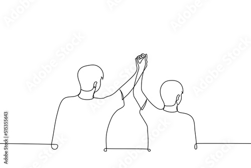 two men walk holding hands raised together - one line drawing vector. concept of triumph, group victory, friendly support