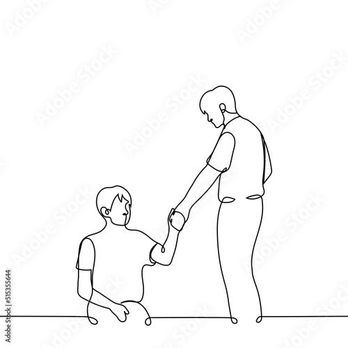 man standing stretching out his hand to sitting on the floor or ground - one line drawing vector. concept of helping those in need, helping loved ones, compassion and empathy