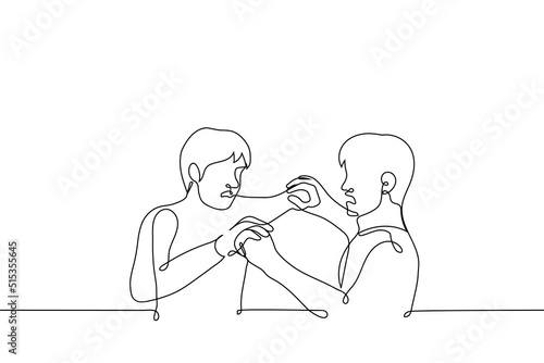 two men fight physically - one line drawing vector. concept of collision, fight, push or crush each other