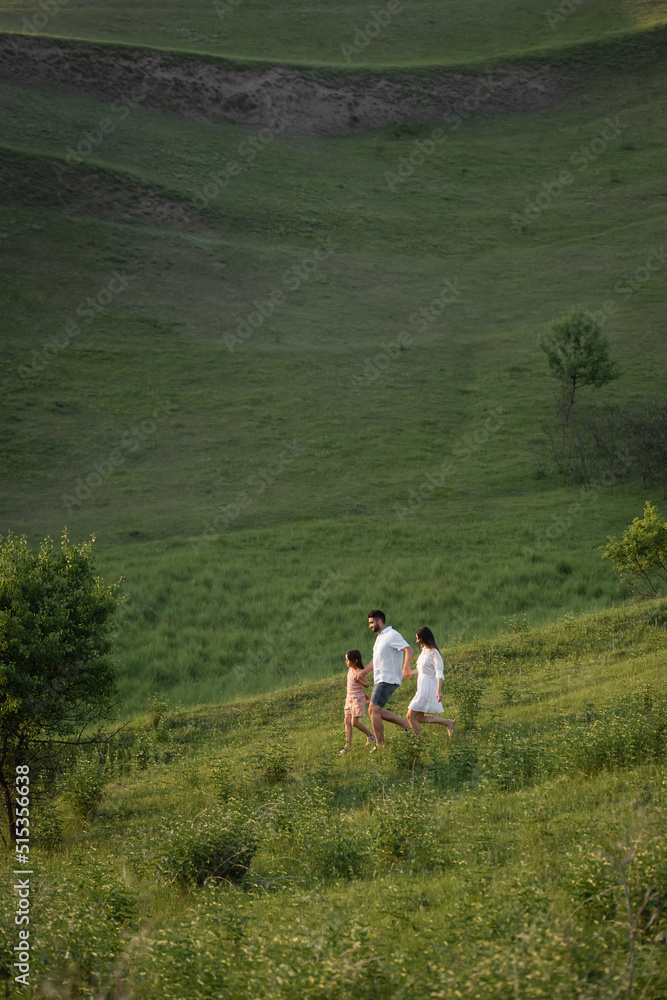 view from afar on family holding hands while walking on grassy slopes.