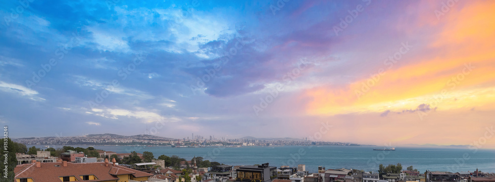 Turkey, Panoramic view of Bosphorus strait in Istanbul, ships in Bosporus approaching the port.