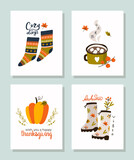 Set of vector autumn posters. Warm knitted socks, rubber boots, pumpkin, cup of cocoa with marshmallows.