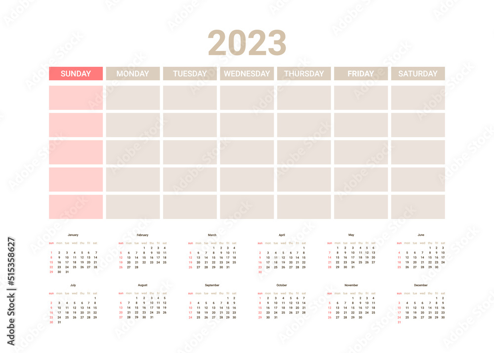 Planner English calendar of 2023 year, template daily schedule calender on one  page. Weekly organizer, yearly planner template. Vector illustration Stock  Vector | Adobe Stock