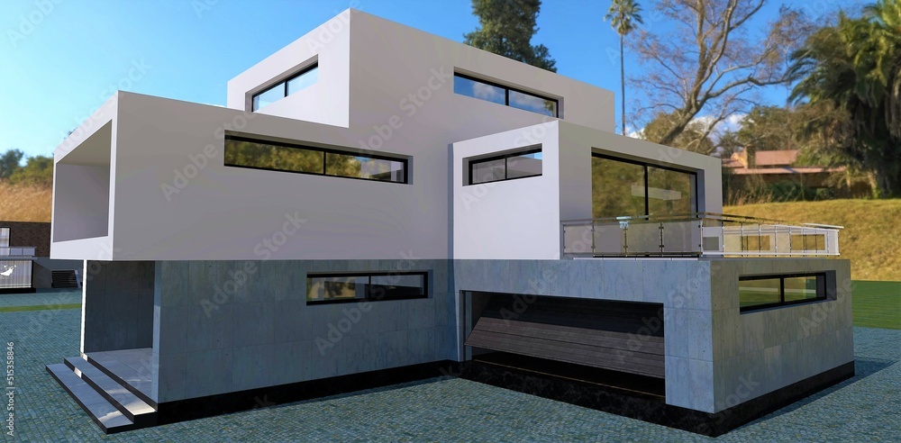 Three-level luxury advanced high-tech building. Concrete finish. View of the entrance and garage. 3d render.