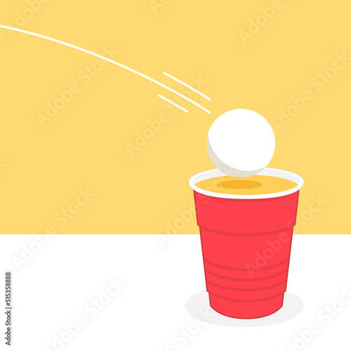 Plastic cups vector. Red Beer Pong plastic cups with ball. Traditional drinking game vector illustration.