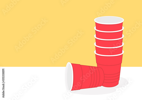 Plastic cups vector. Red Beer Pong plastic cups with ball. Traditional drinking game vector illustration.