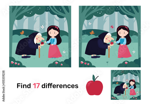 Educational game for children. Find differences. Snow White princess and witch. Kawaii cartoon characters. Classical fairy tale. Puzzle for kids. Vector illustration.