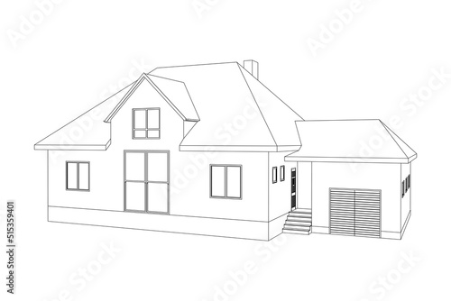 Vector wireframe perspective of luxury modern house exterior. 3D vector model of cottage isolated on white background.