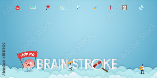 Brain stroke disease. Heart awareness concept. Atherosclerosis stages. The red epicenter of the pain of the brain, health care cartoon. Suitable For Wallpaper, Banner, Background.Vector Illustration