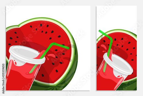 Cartoon postcard flyers with cut watermelon and glass of watermelon smoothie. Template element for design and decoration. Vector