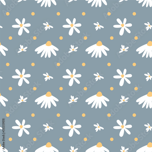 Seamless pattern of decorative chamomile flowers. Romantic vintage background for textile, fabric, decorative paper on a blue background.