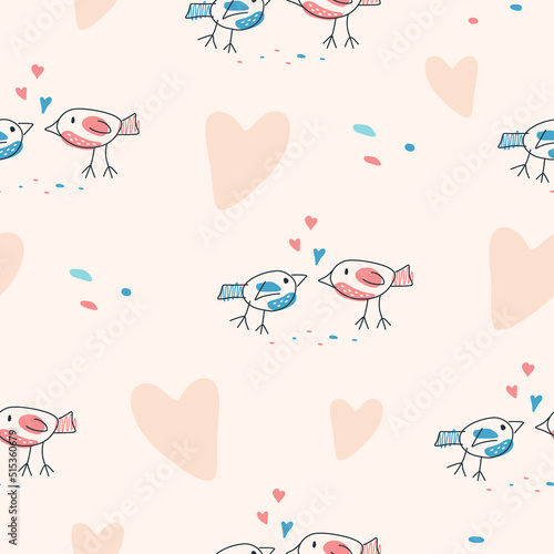 Pair of love birds. Two cute birds on a pink background with graphic elements and hearts. Seamless vector pattern.