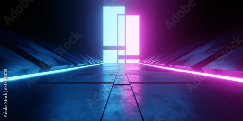 3d rendering of spaceship corridor neon glowing blue purple background futuristic. Cyberpunk concept. Scene for advertising, showroom, technology, future, modern, sport, metaverse. Sci Fi Illustration