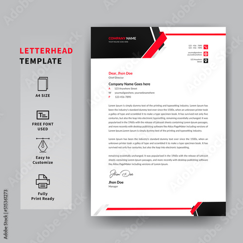 Modern business letterhead design template, red and black color letterhead 