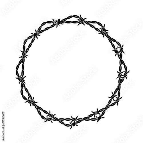 Vector illustration of barbed wire circle isolated on white background. Circle shape frame from twisted barbwire. Security fence sign. 
