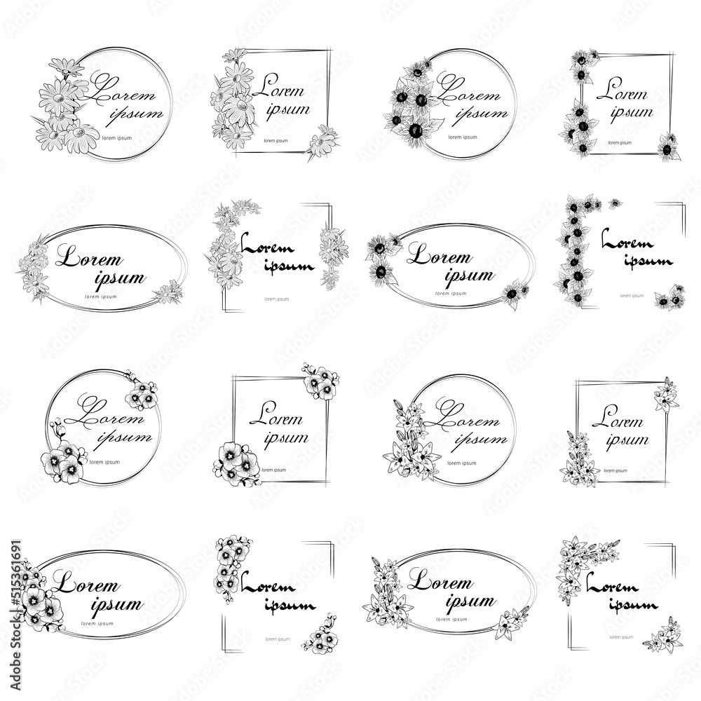 Set of floral frames for text in black and white