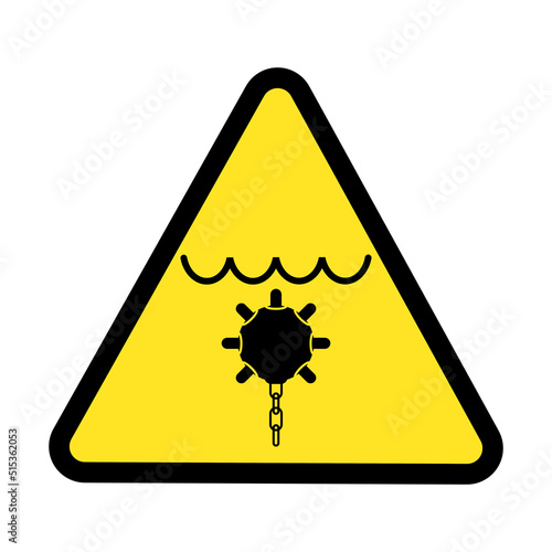 Danger of explosive naval bomb or marine mine underwater, warning yellow triangle sign on a white background