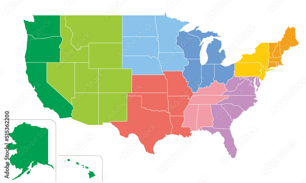 アメリカ合衆国の地図、全50州、9つの地区の色分け