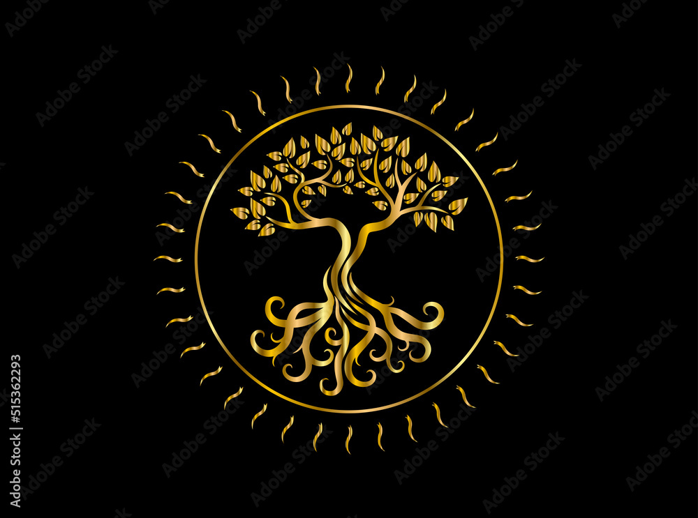 Fototapeta premium golden tree logo with circular shape and sunrises