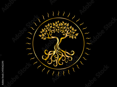 golden tree logo with circular shape and sunrises