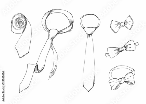 Father's Day collection of hand drawings of male accessories on white background. Ties and bow ties. Vector illustration.