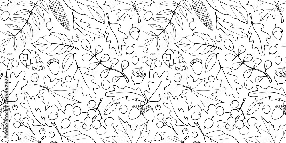 Seamless pattern falling leaves, acorns, berries, cones. Vector autumn texture isolated on white, hand drawn in doodle style, black outline. Concept of forest, leaf fall, nature, thanksgiving